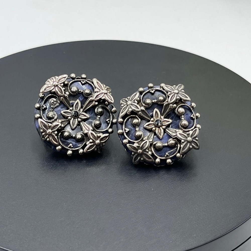 Jan Michaels San Francisco Vintage Blue Sodalite Statement Filigree clip earring